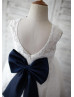 Ivory Lace Navy Blue Trim V Back Big Bow Knee Length Flower Girl Dress  